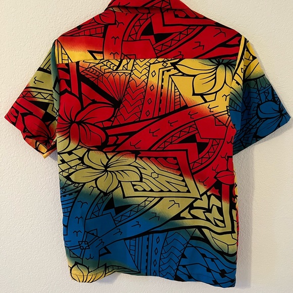 Vintage Tropical Red, Blue, Yellow & Black Short Sleeve Mens Button Down, Size S - Picture 2 of 2
